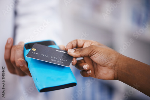 Sale, credit card and payment with hands of people for retail, shopping and fintech banking service. Digital money closeup, cashless or technology with machine and customer for electronic transaction