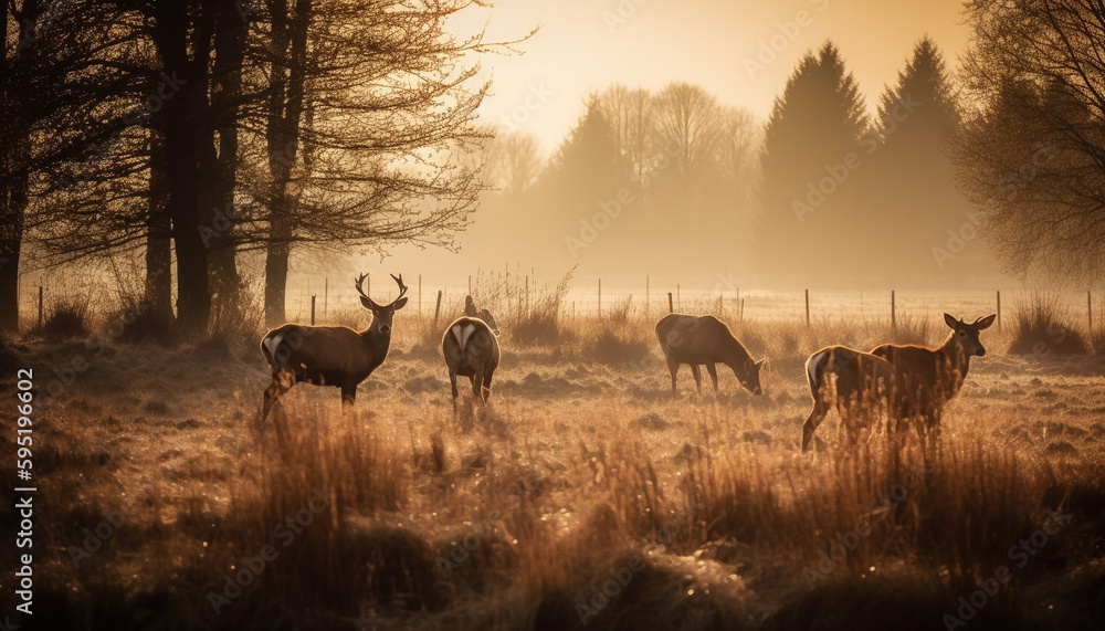 Deer grazing in meadow at sunrise generated by AI Deer grazing in meadow at sunrise generated by AI