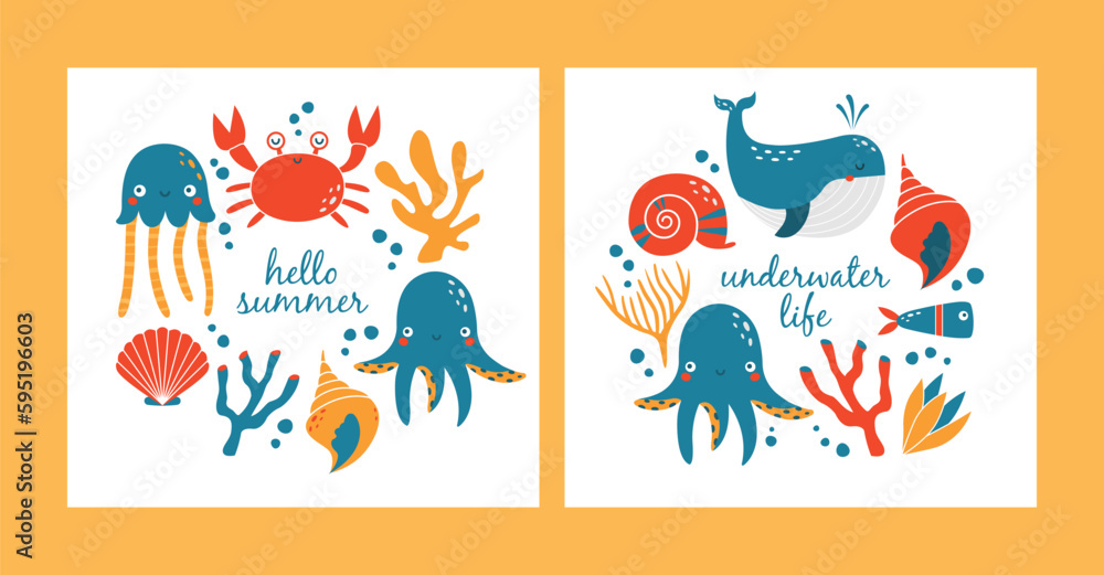 Set designs of childish banner, card with funny sea, ocean animal, whale, octopus, crab, algae, coral, fish. Cute  quirky templates with cartoon simple illustrations with text 