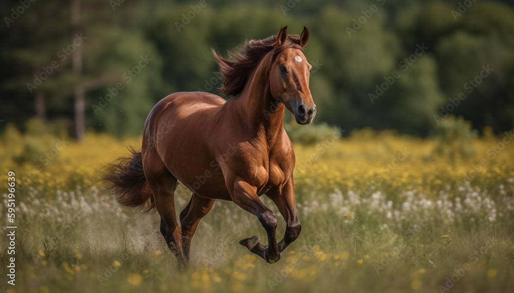 Obraz premium Running thoroughbred stallion in green meadow pasture generated by AI