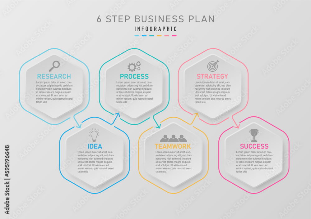 modern infographic timeline business plan success clean hexagonal shape multi color line outline with arrows icons and characters gray gradient background modern infographic timeline business plan success clean hexagonal shape multi color line outline with arrows icons and characters gray gradient background