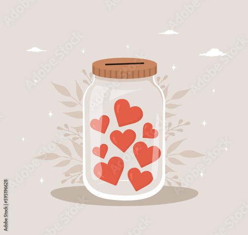 Donation glass jar with red hearts. Give and share your love. Support for poor people and children. International charity day. Vector illustration in flat cartoon style.