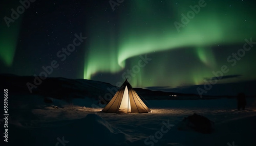 Illuminated arctic landscape glows with starry beauty generated by AI