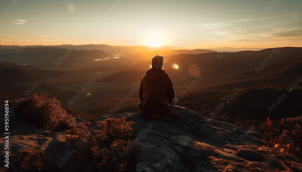 One person sitting on sandstone cliff, admiring sunset generated by AI One person sitting on sandstone cliff, admiring sunset generated by AI