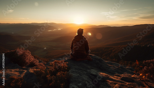One person sitting on sandstone cliff, admiring sunset generated by AI