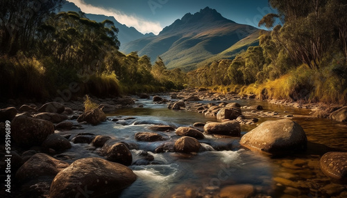 Majestic mountain range reflects tranquil sunset beauty generated by AI