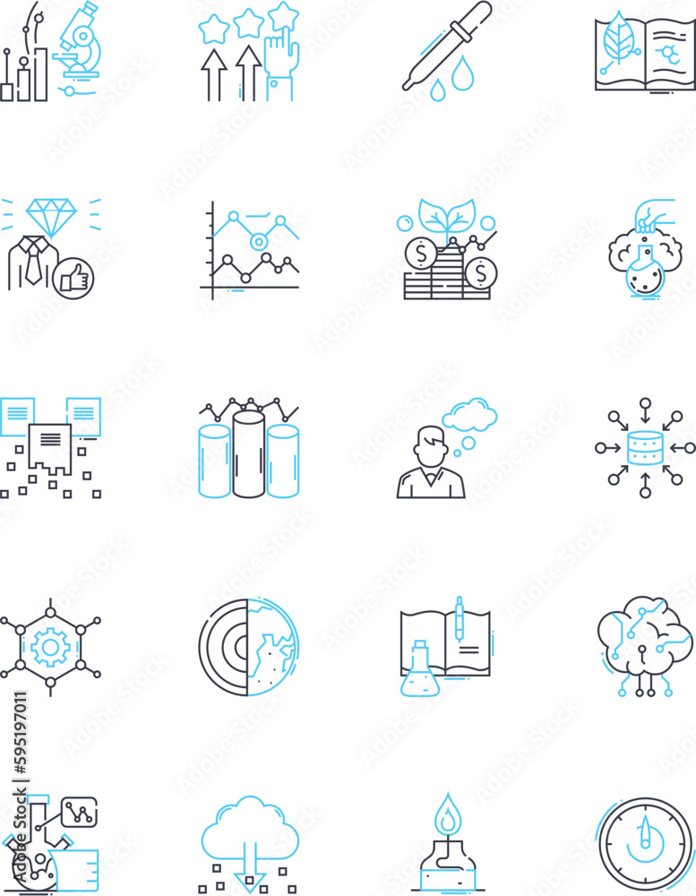 Progression and improvement linear icons set. Enhance, Develop, Evolve, Advance, Grow, Upgrade, Thrive line vector and concept signs. Flourish,Refine,Refurbish outline illustrations