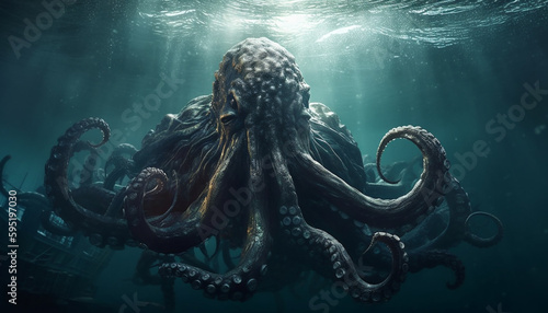 Tentacled octopus swims in deep blue sea generated by AI