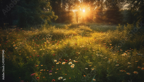 Sunlit meadow blooms with vibrant wildflowers generated by AI