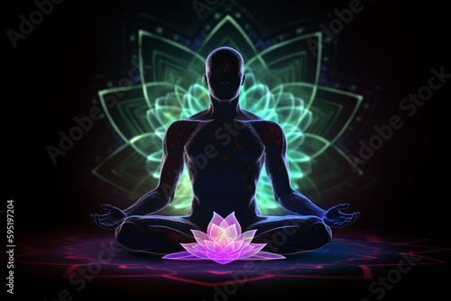 State of mind concept. Transcendental chakras space meditation man silhouette. Lotus pose, cosmic background. Generative AI