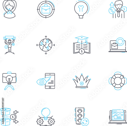 Fiscal undertaking linear icons set. Budget, Finance, Revenue, Expenditure, Taxes, Audit, Accountability line vector and concept signs. Transparency,Deficit,Surplus outline illustrations