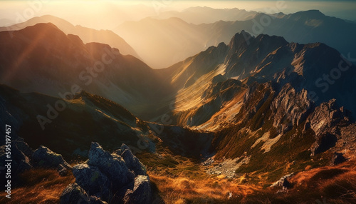 Majestic mountain peak, tranquil meadow, panoramic beauty generated by AI © Stockgiu