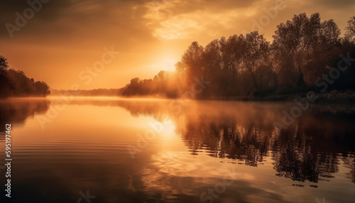 Orange horizon reflects tranquil beauty in nature generated by AI © Stockgiu