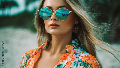 Young woman in sunglasses exudes summer sensuality generated by AI