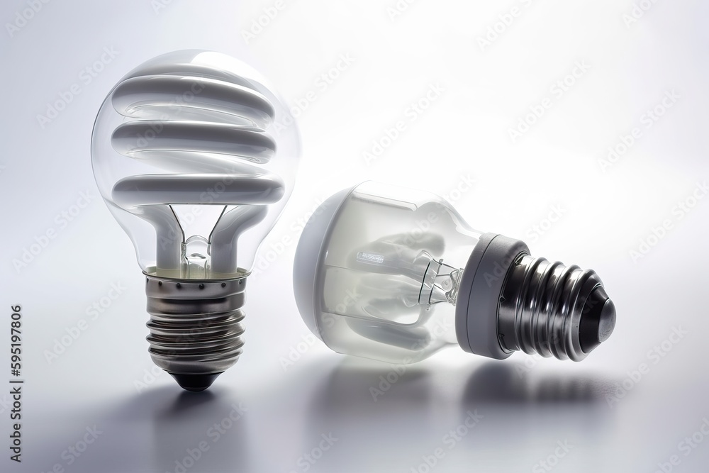 Fluorescent energy-saving light bulbs on a white background, Generative AI. Fluorescent energy-saving light bulbs on a white background, Generative AI.