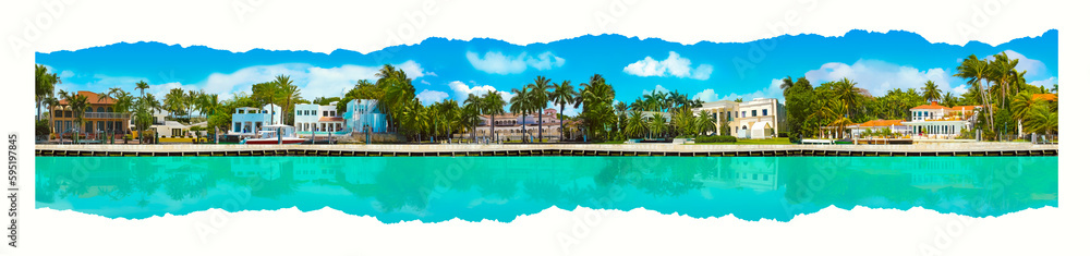 Luxurious mansion in Miami Beach, florida, U.S.A Creative contemporary art collage or design.