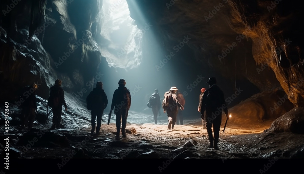 Group of people hiking mountain peak in fog generated by AI Group of people hiking mountain peak in fog generated by AI