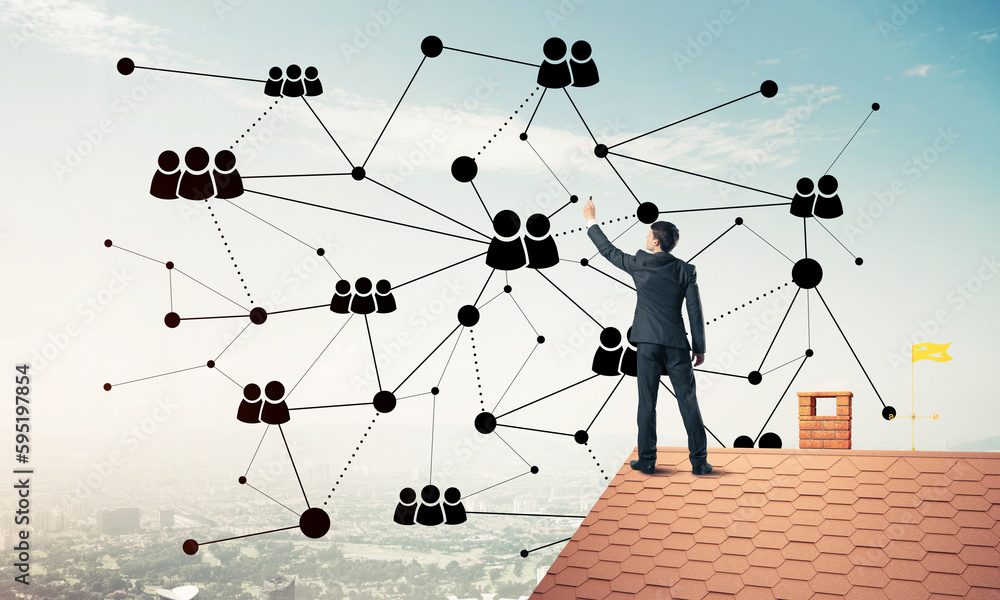 Businessman on house roof presenting networking and connection c Businessman on house roof presenting networking and connection c