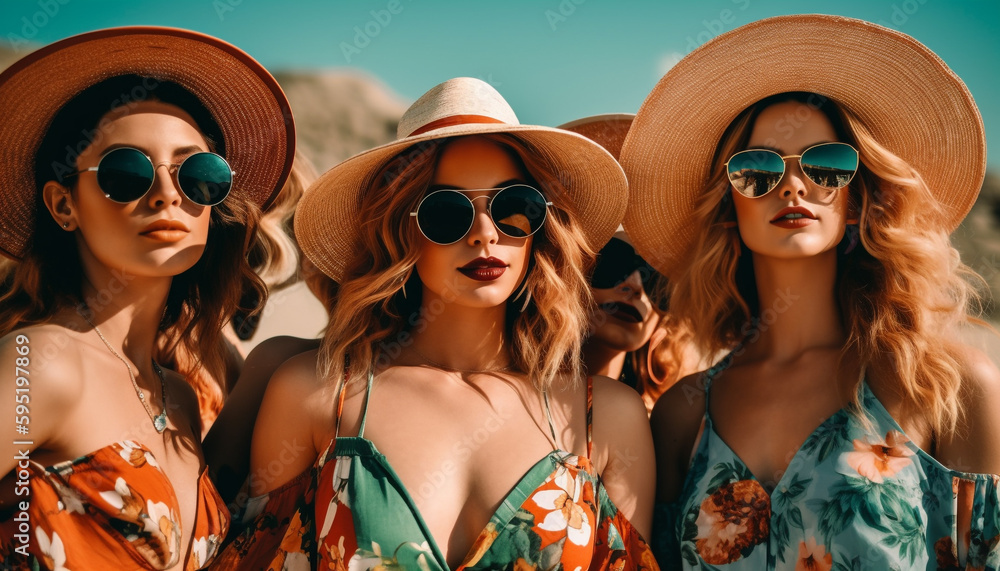 Young adults enjoying summer vacations outdoors, smiling together generated by AI Young adults enjoying summer vacations outdoors, smiling together generated by AI