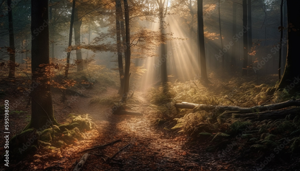 Fototapeta premium Mysterious forest, spooky autumn, tranquil wilderness dawn generated by AI