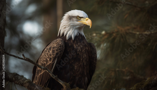 Majestic bald eagle perched on tree branch generated by AI