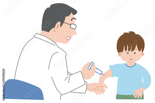 注射をする医者と注射が嫌いで無表情な男の子のイラスト