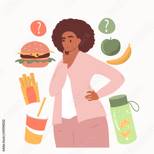 vector illustration in a flat style on the theme of diets. woman chooses between fast food and fruit