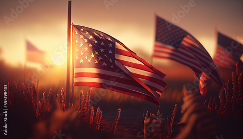 Field full of realistic American flags at Sunset. Concept National holidays   Flag Day  Veterans Day  Memorial Day  Independence Day  Patriot Day  Ai generated image