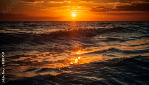 Sunset over water, waves reflect vibrant beauty generated by AI