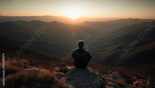 One person hiking mountain peak at sunrise generated by AI © Stockgiu