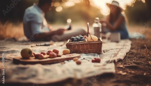 Young adults enjoying organic picnic in nature generated by AI