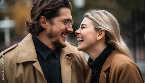 Young couple embracing, smiling, enjoying autumn day generated by AI