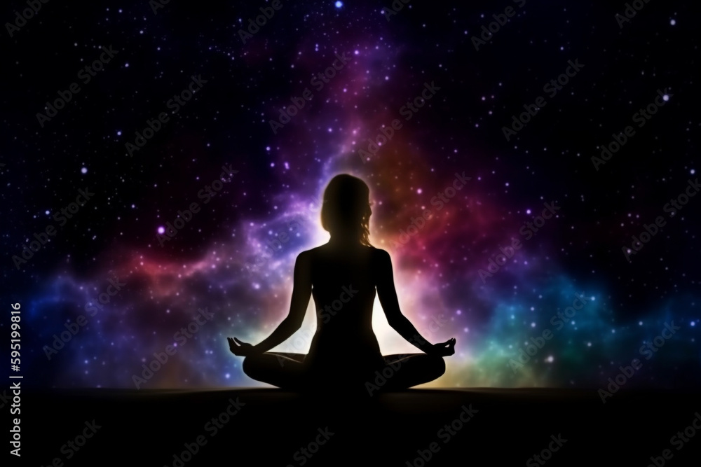 State of mind concept. Transcendental chakras space meditation woman silhouette. Lotus pose, cosmic background. Generative AI