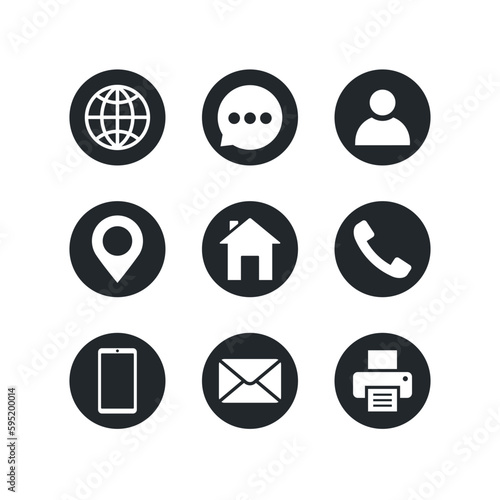 flat vector image isolated on white background, business card icons, name and address with phone number and www