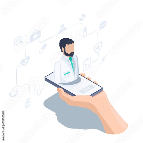 isometric vector illustration isolated on white background, hand with smartphone and doctor, online doctor