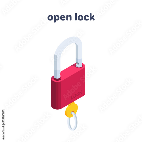isometric vector illustration isolated on white background, padlock icon or open lock with key, open or pick