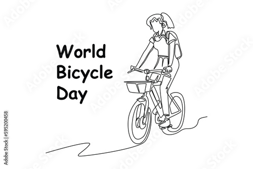 Single one line drawing happy people ride bicycle. World bicycle day concept. Continuous line draw design graphic vector illustration.