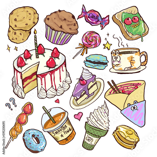 fast food icons set, hand drawn set of cute bakery,pattern with sweets,Set of bakery,cute bakery,breakfast