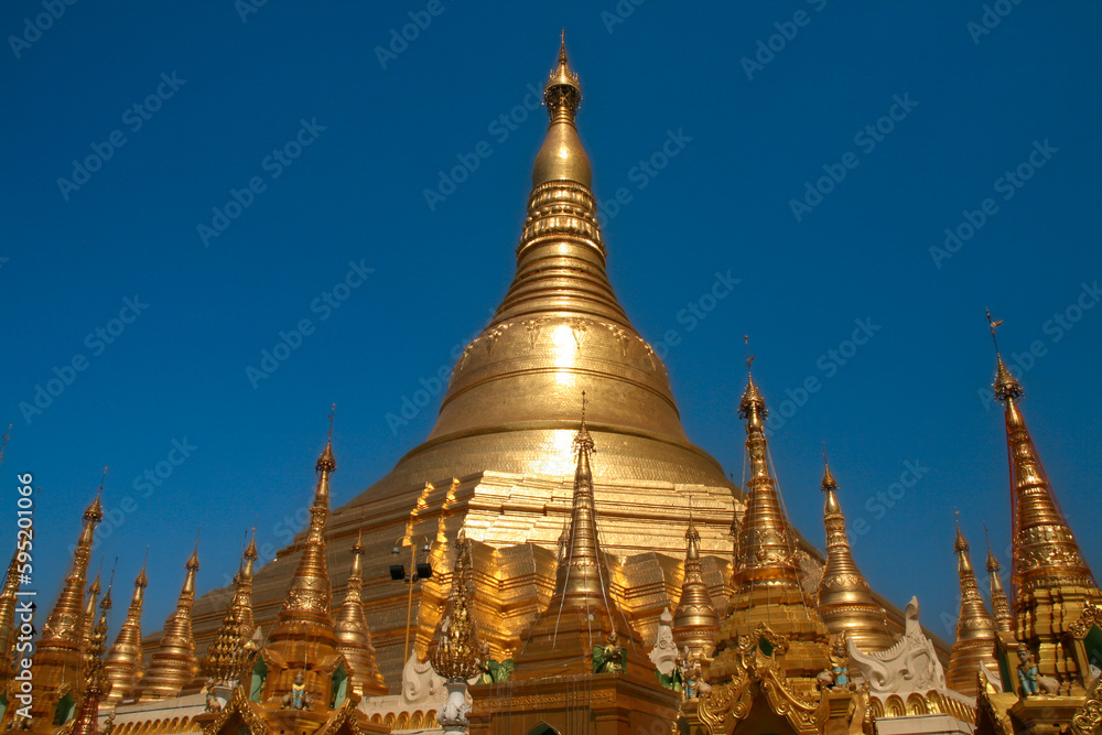 Golden big pagoda is surrounded by small pagodas in Shwedagon Pagoda Yangon, Myanmar