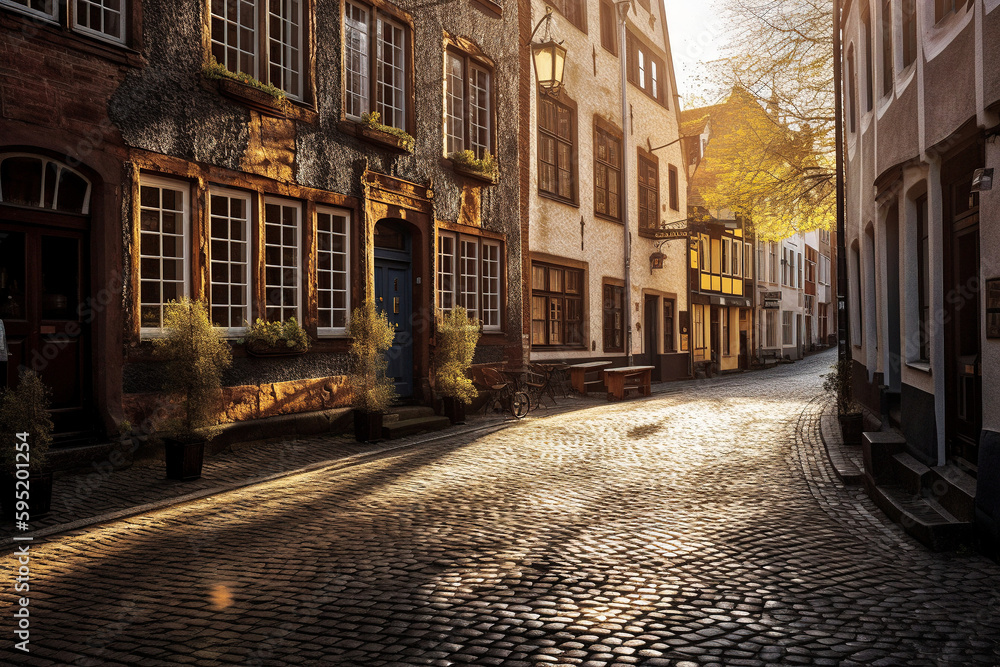 Charming cobblestone street in a quaint German town at sunset- generative AI
