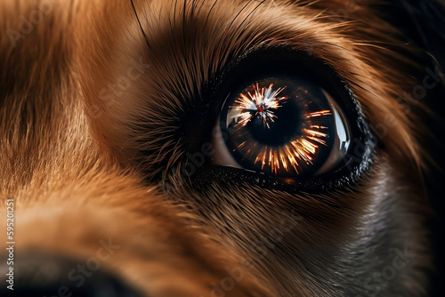Fotografie, Obraz Close up of scared dog eye with fireworks reflection