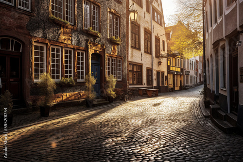 Charming cobblestone street in a quaint German town at sunset- generative AI © Uolir