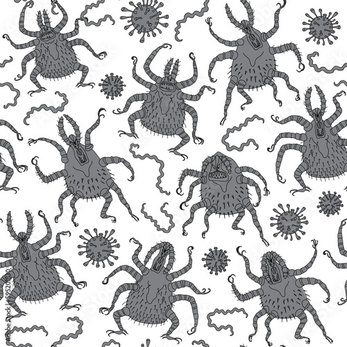 Vector seamless pattern. Cartoon tick, borrelia bacillus and a tick-borne encephalitis virus  photo