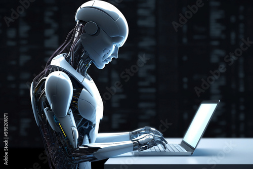 AI android robot writing text on laptop. 