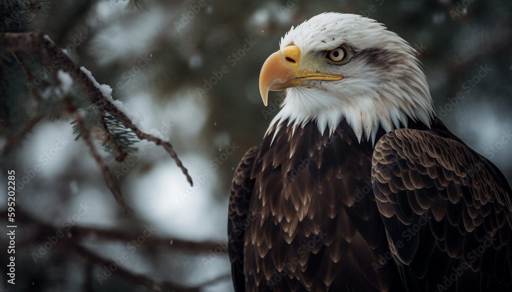 Majestic bald eagle perching on snowy branch generated by AI Majestic bald eagle perching on snowy branch generated by AI