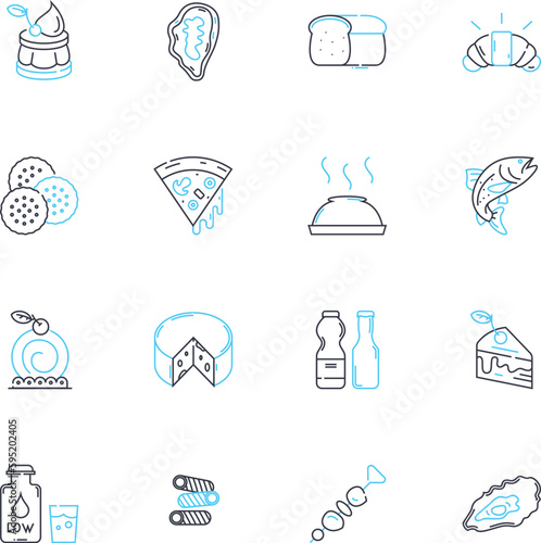 Boulangerie linear icons set. Croissant, Baguette, Patisserie, Tartelette, Pain, Chocolatine, ?clair line vector and concept signs. Cousant,Macaron,Galette outline illustrations