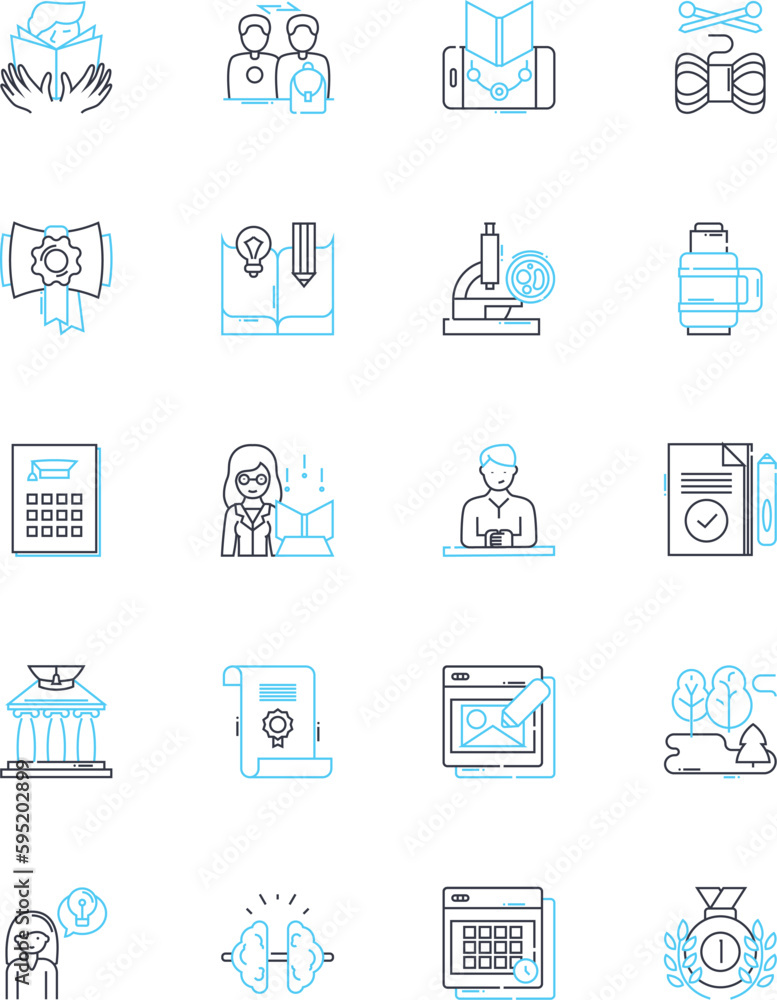 Instructional teaching linear icons set. Pedagogy, Curriculum, Lesson, Methodology, Tutoring, Mentorship, Education line vector and concept signs. Training,Coaching,Facilitation outline illustrations