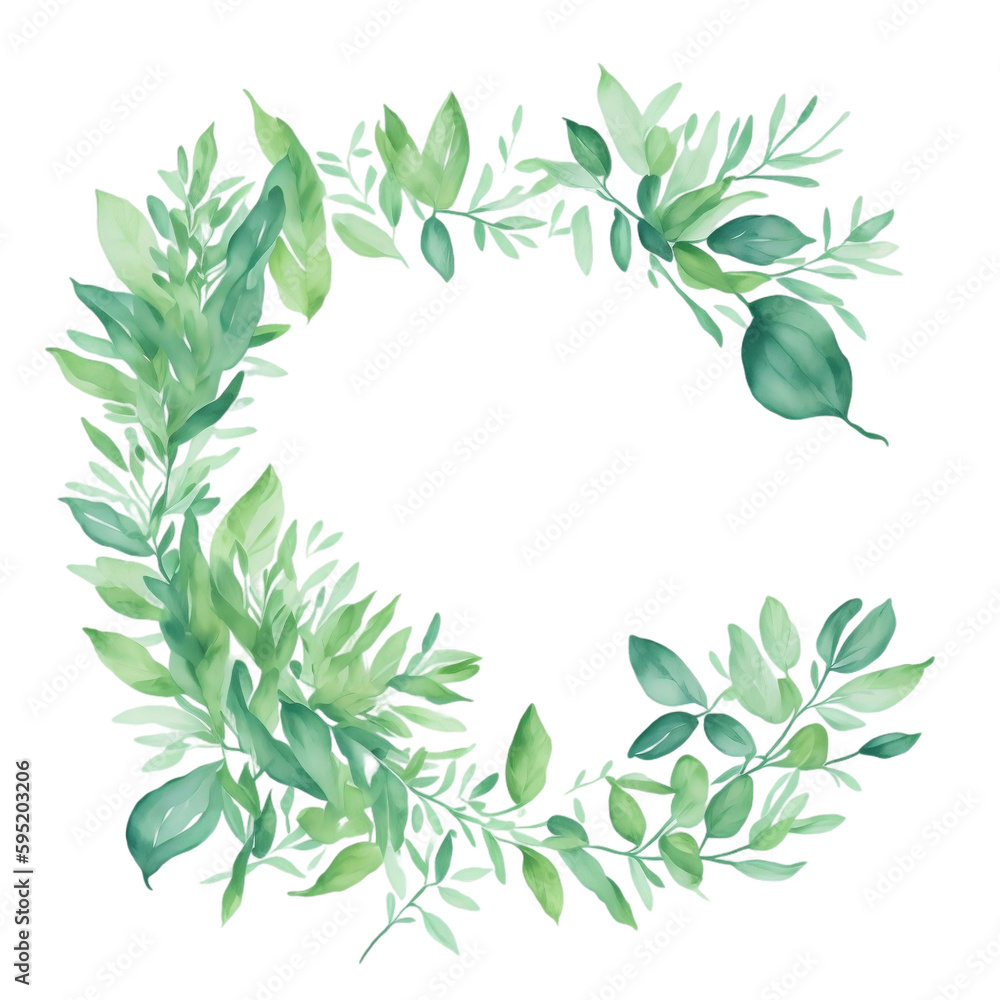 Watercolor frame of green leaves on transparent background. AI generative art, upgraded by human