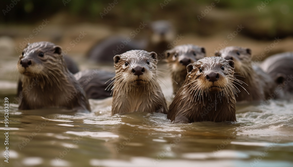 Sea lion trio playfully swim in ocean generated by AI Sea lion trio playfully swim in ocean generated by AI