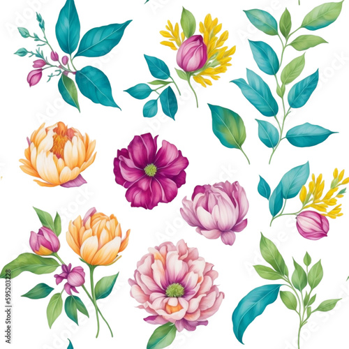 Fototapeta Naklejka Na Ścianę i Meble -  Abstract seamless watercolor background of multicolor small vintage wild flowers on transparent background. AI generative art, upgraded by human